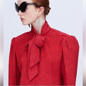 Vintage Amanda Red Polka Dot Blouse | Puff Shoulder Tie‎ Neck | Size Small